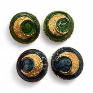 Vintage Clip-Ons Green & Blue Crescent Floral Enamel Swirl Earrings- Two Pairs